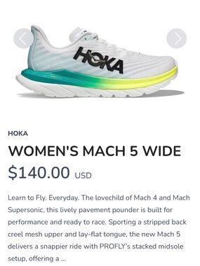 HOKA Women's Mach 5 Running Shoe - White/Green/Yellow | Women’s Size 7 Wide